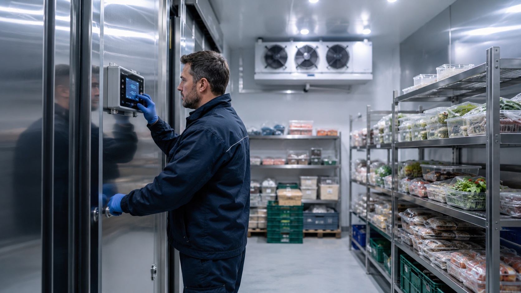 Refrigeration engineer inspecting a commercial cold storage facility in London