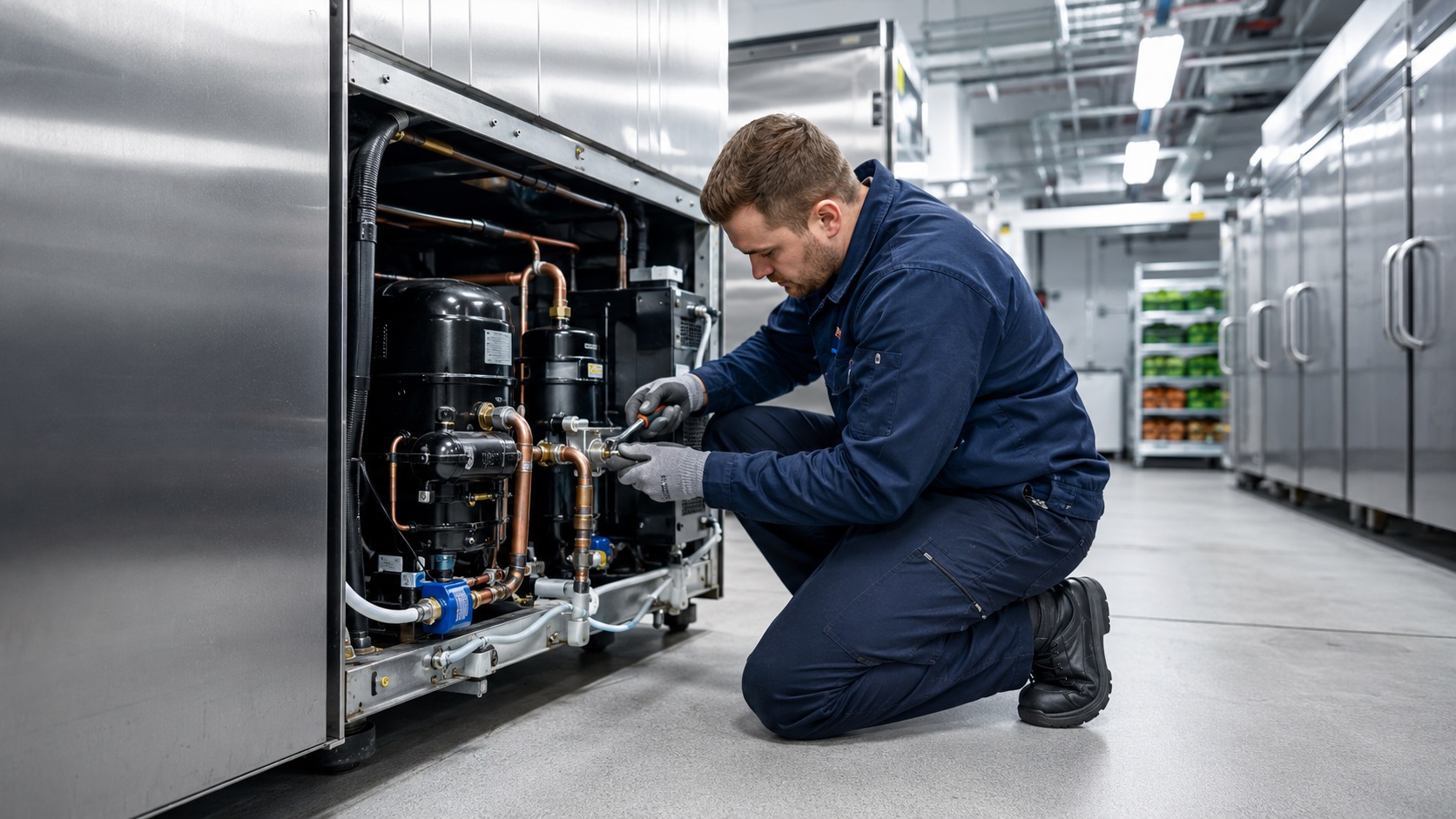 Commercial refrigeration engineer repairing an industrial freezer system in London
