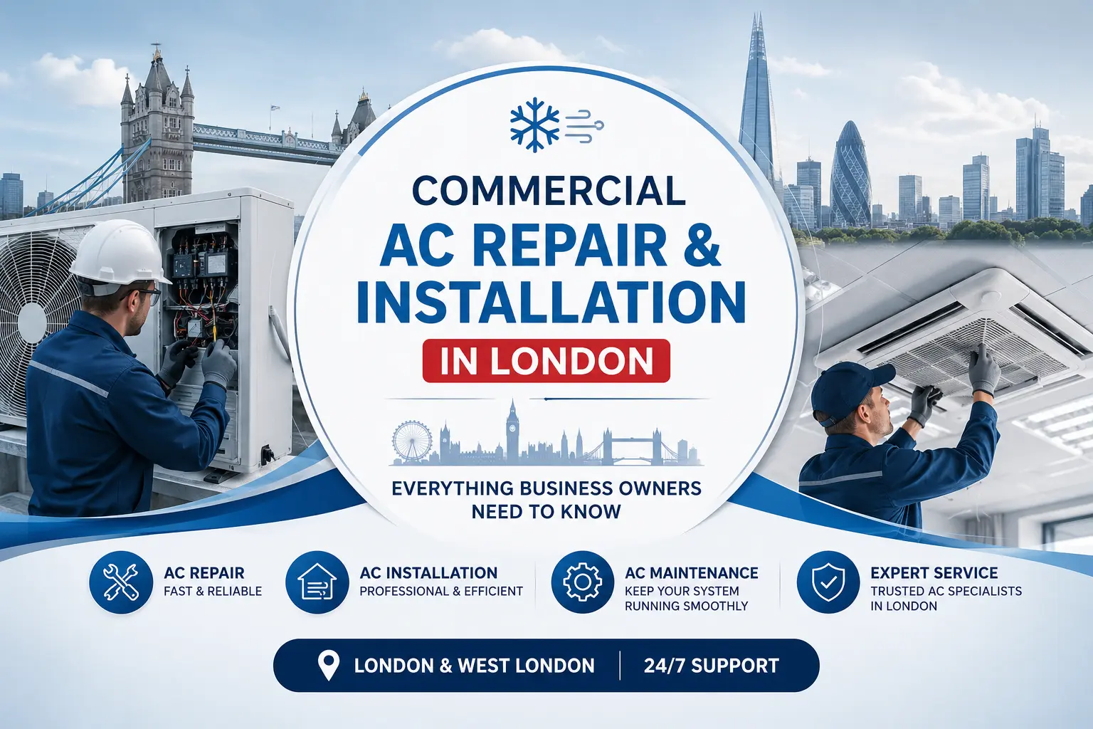 Commercial air conditioning engineer installing and servicing an AC system in a London office building.