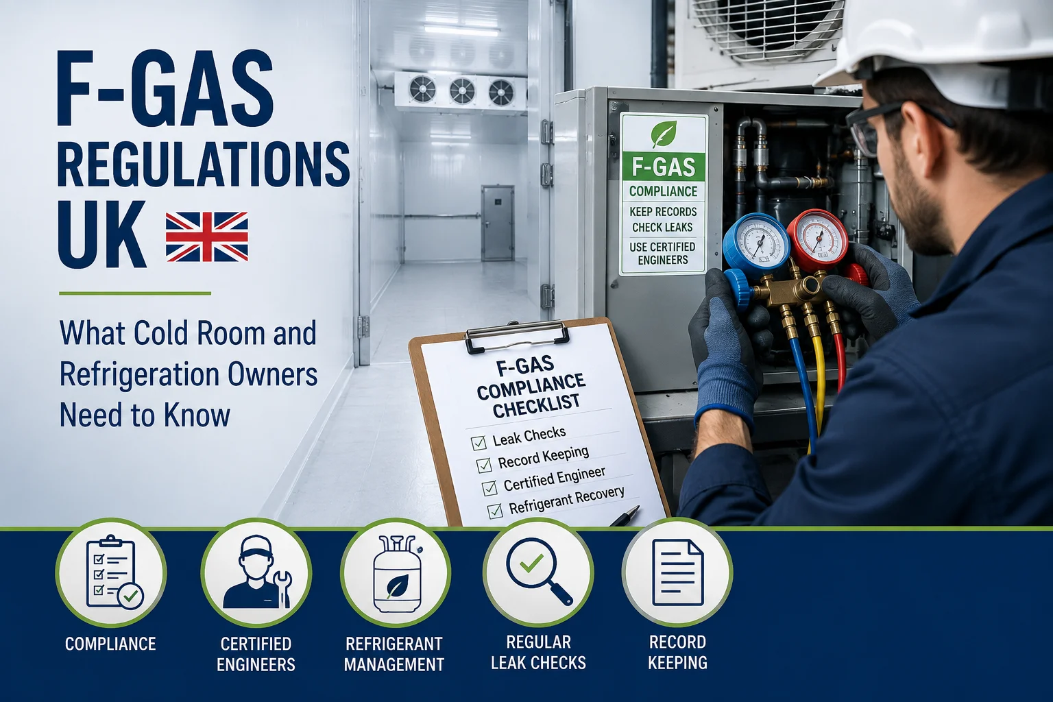 Engineer checking refrigerant compliance on a commercial cold room system