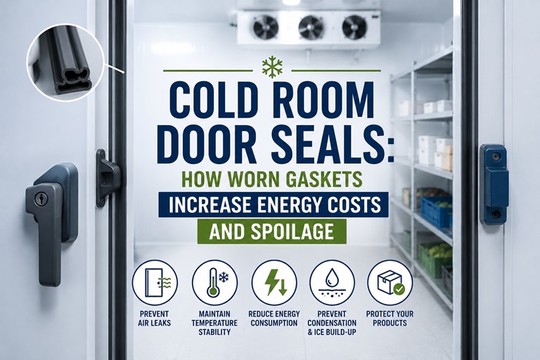 Engineer inspecting a worn cold room door seal and gasket