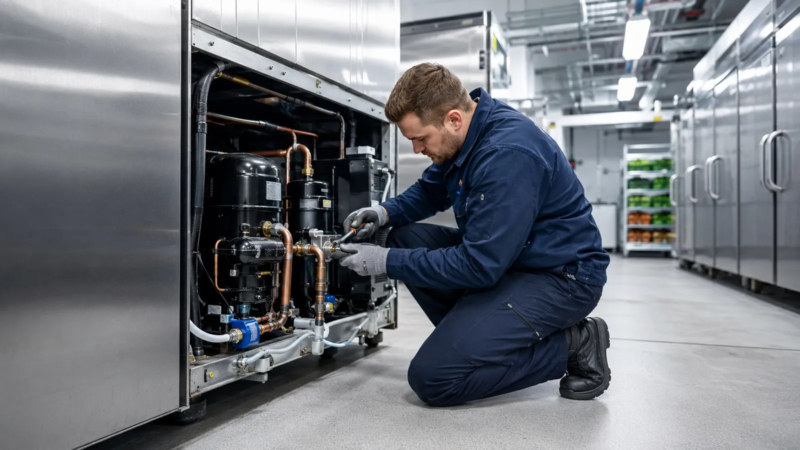 Commercial refrigeration engineer repairing an industrial freezer system in London