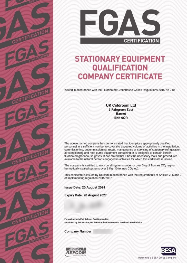 F-Gas company certificate for UK Coldroom Ltd