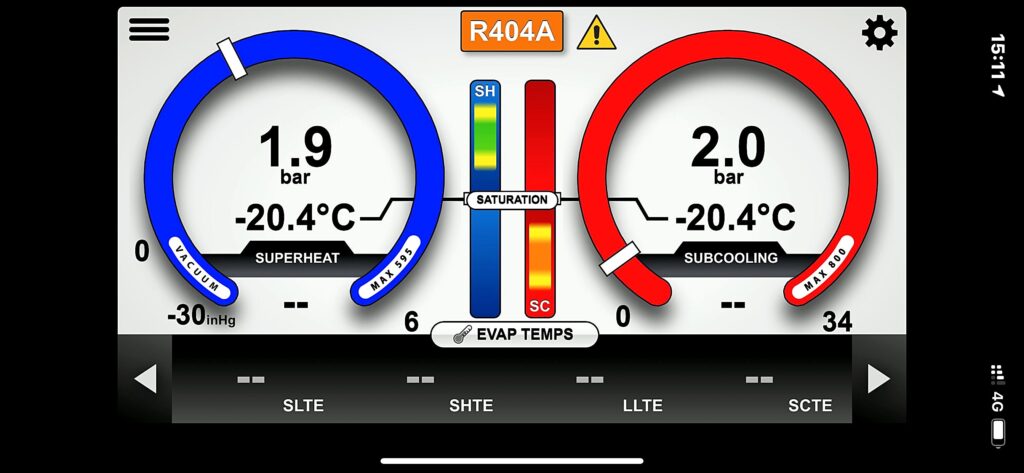Digital refrigeration gauges showing system pressures