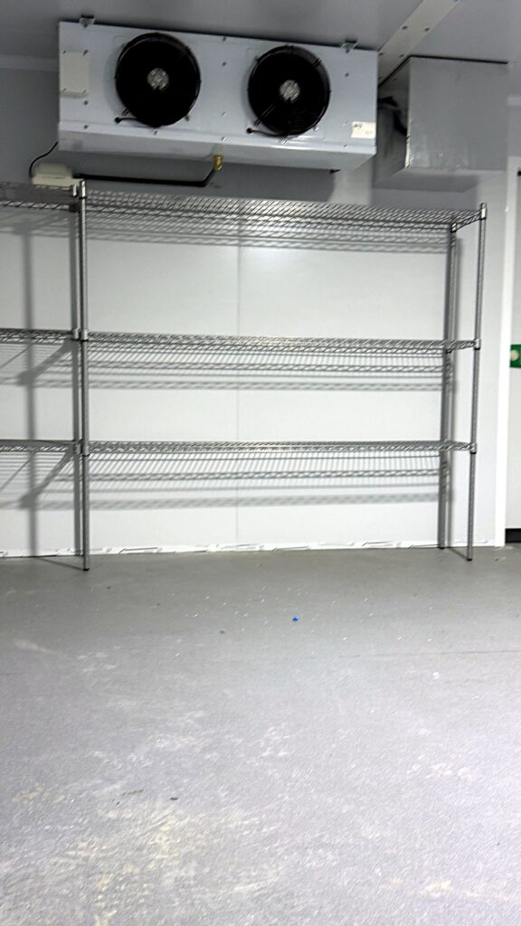Cold room evaporator and shelving after installation