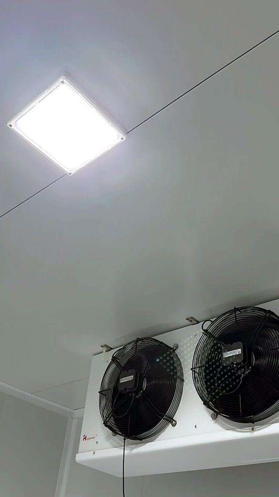 Twin-fan evaporator and LED panel light in a finished cold room