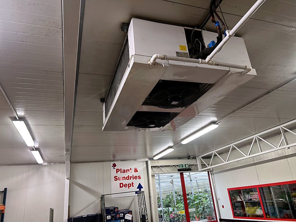Large ceiling evaporator in a garden centre cold store