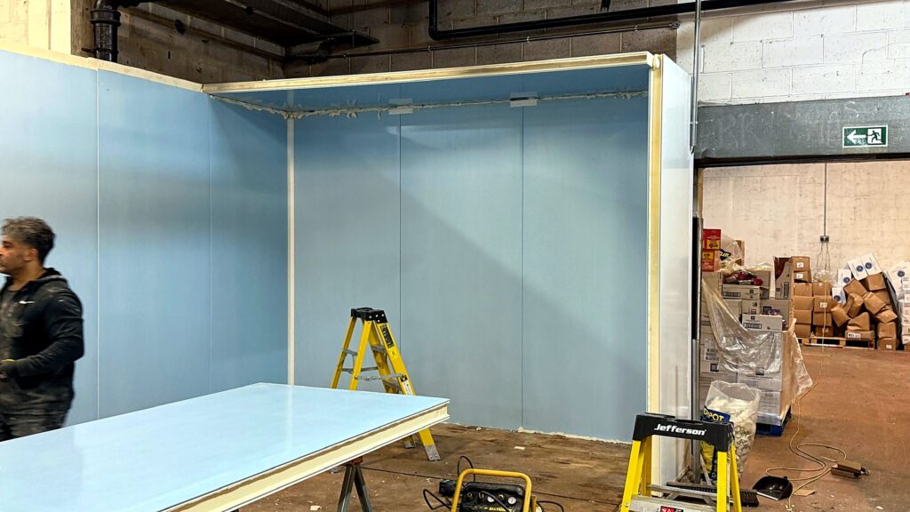 Cold room walls being assembled in the workshop